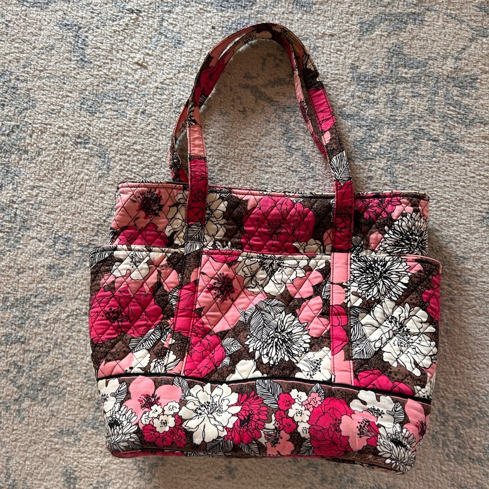 Floral Quilted Tote Bag - Pink and Brown
